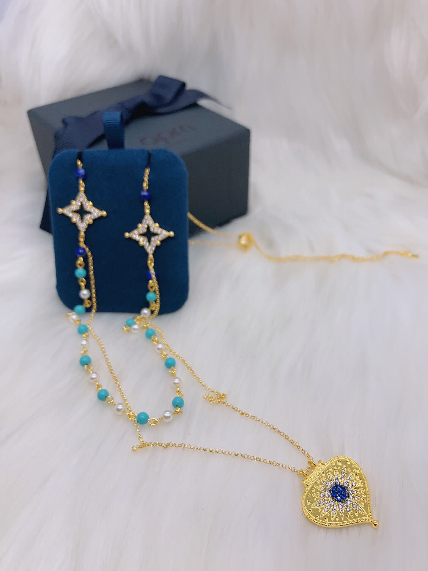 APM Monaco Elegant Double Layered Gold Plated Necklace with Turquoise and Pearl Beads